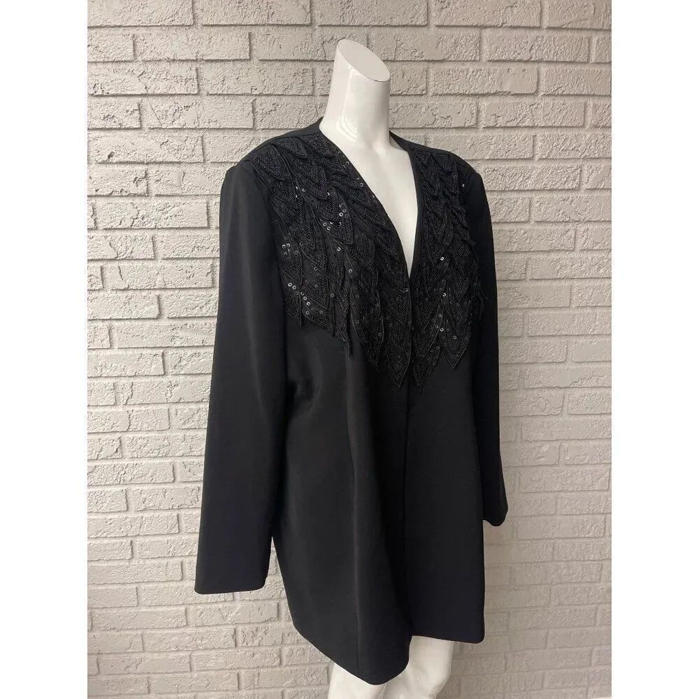 Ben Marc International Women Black Sequin Beaded Open Front Jacket Size 2XL